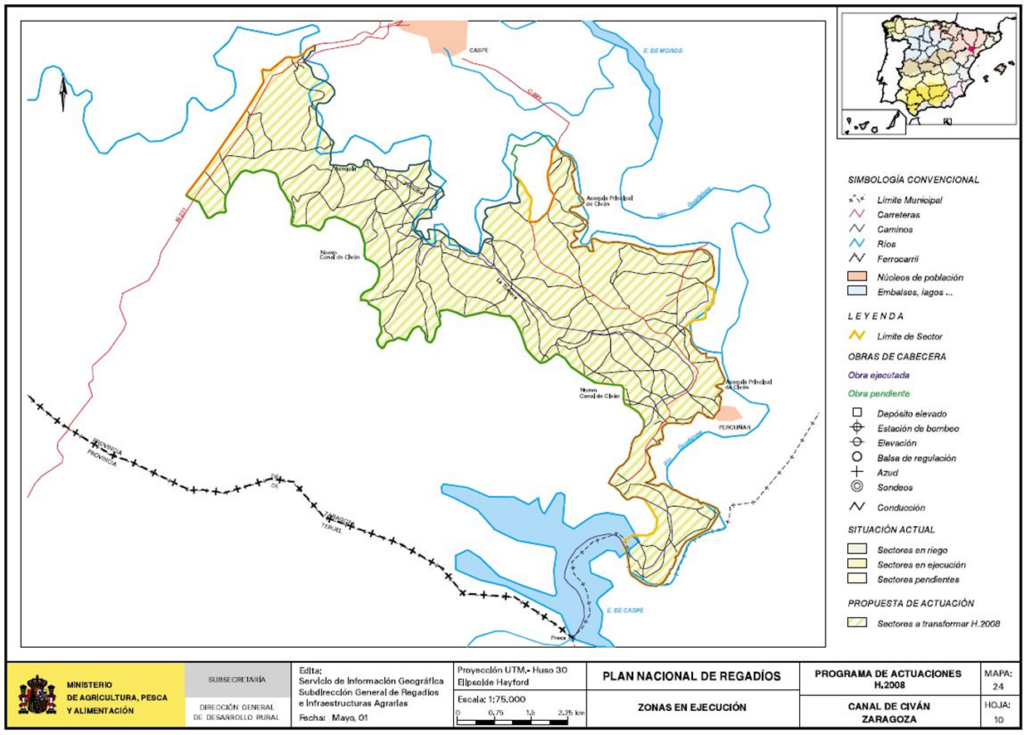Mapa de Canal de Civán (Zaragoza) en que se representa su zona regable
