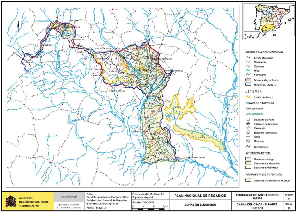 Tercera parte del mapa de Canal de Cinca (Huesca) en que se representa su zona regable