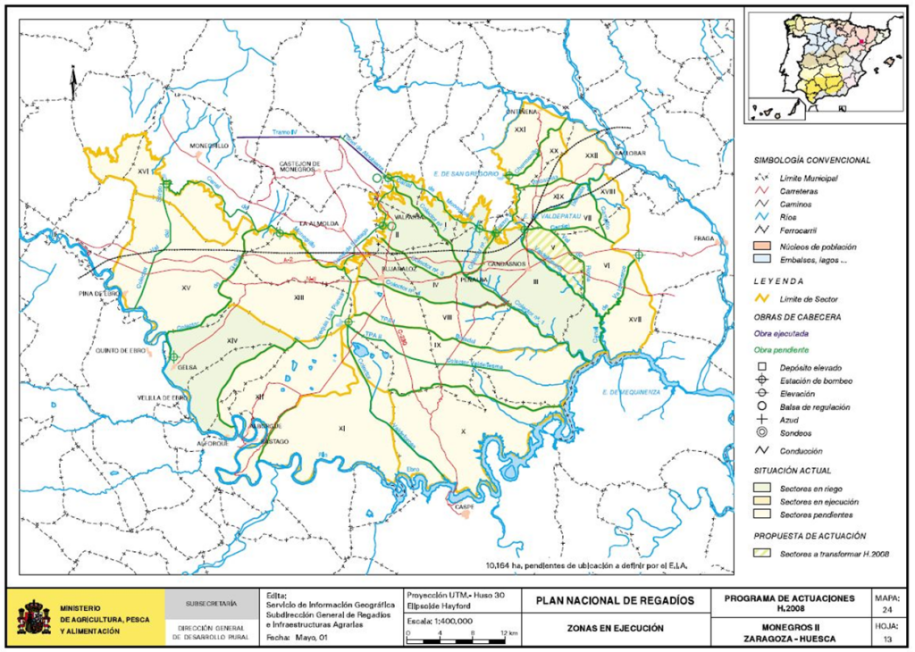 Segunda parte del mapa de Monegros (Huesca) en que se representa su zona regable