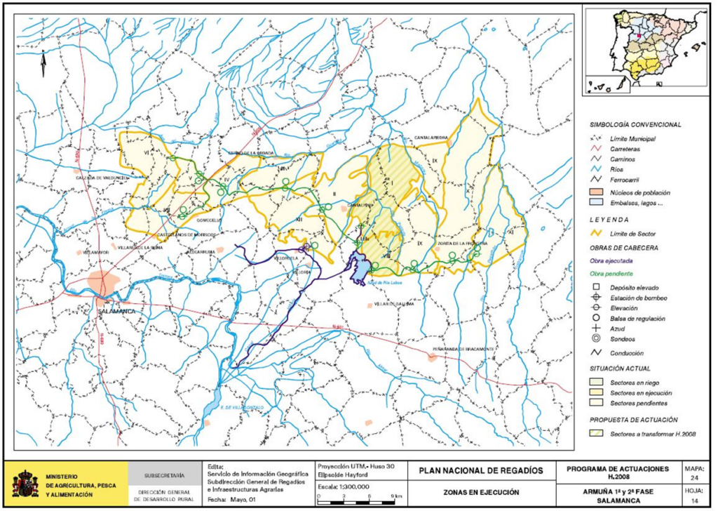 Mapa de La Armuña (Salamanca) en que se representa su zona regable