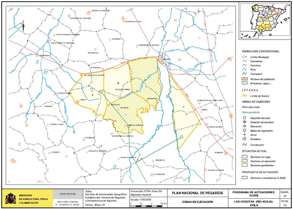 Mapa de Las Cogotas, Río Adaja (Ávila) en que se representa su zona regable