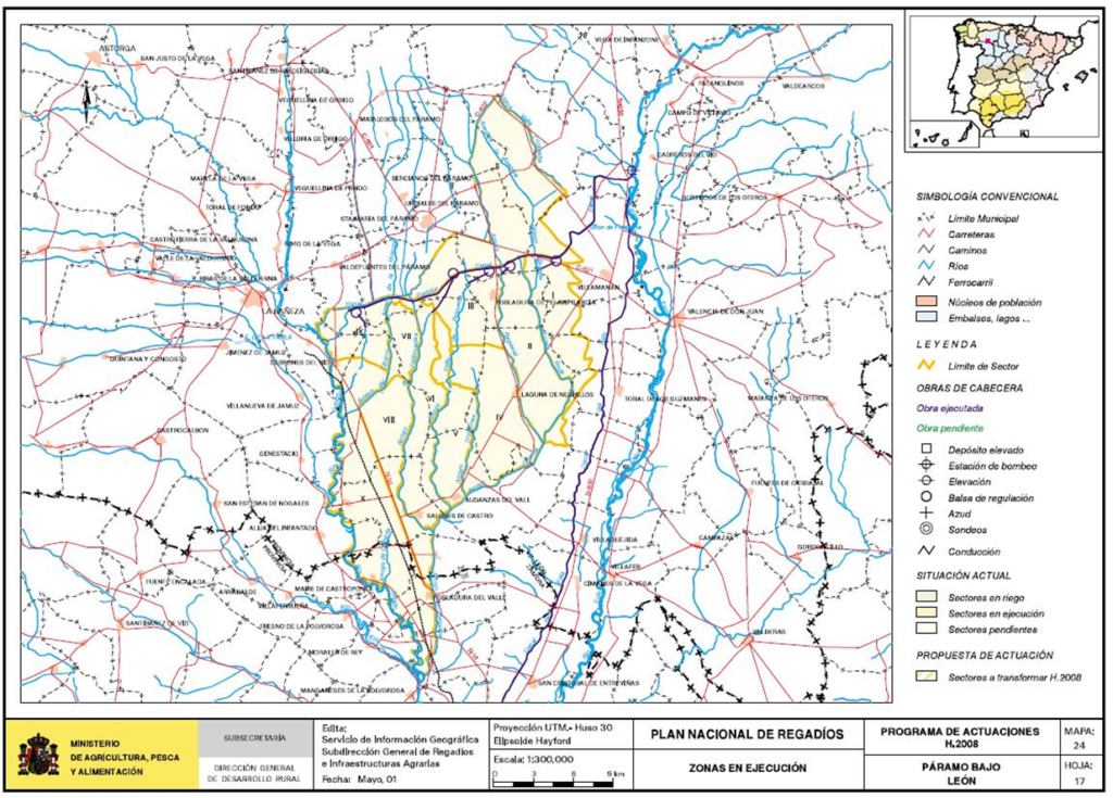 Mapa del Páramo Bajo (León) en que se representa su zona regable