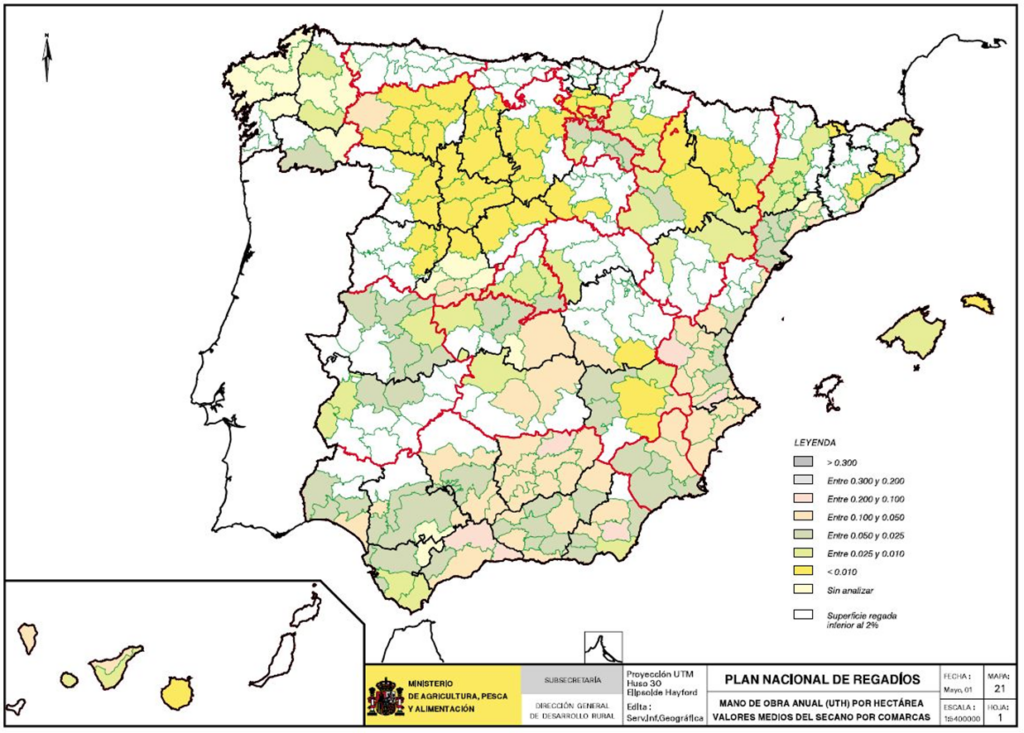 Mapa de España de la mano de obra anual por hectárea. Valores medios del secano por comarcas