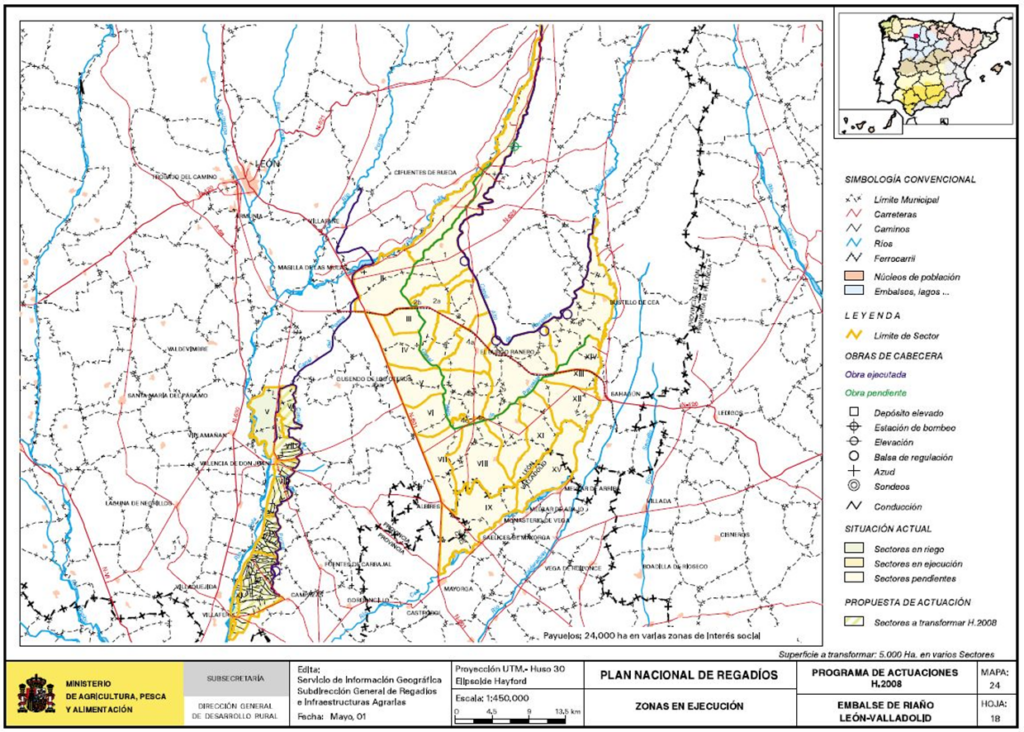 Mapa de Riaño (León-Valladolid) en que se representa su zona regable
