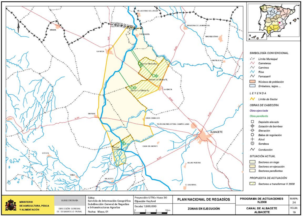 Mapa del Canal de Albacete en que se representa su zona regable