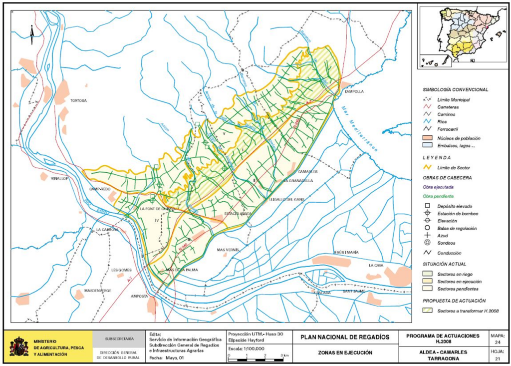 Mapa de Aldea-Camarles (Tarragona) en que se representa su zona regable