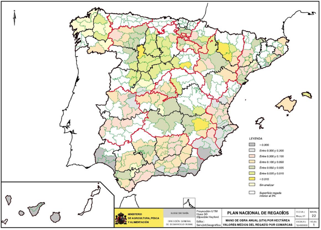 Mapa de España de la mano de obra anual por hectárea. Valores medios del regadío por comarcas