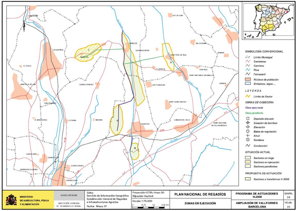 Mapa de Ampliación de Vallfornés (Barcelona) en que se representa su zona regable