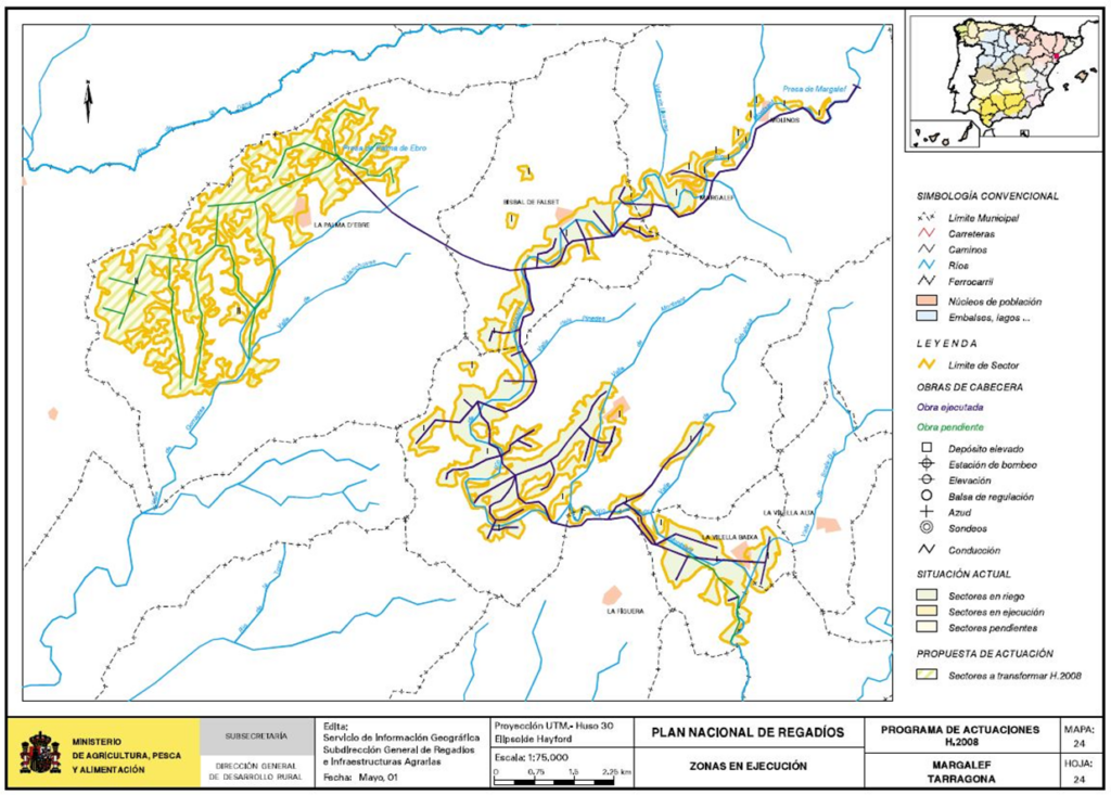Mapa de Margalef (Tarragona) en que se representa su zona regable