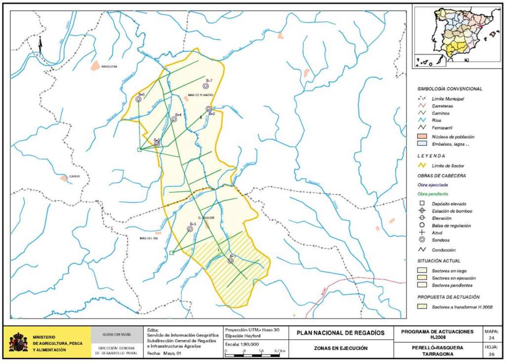 Mapa de Perelló-Rasquera (Tarragona) en que se representa su zona regable