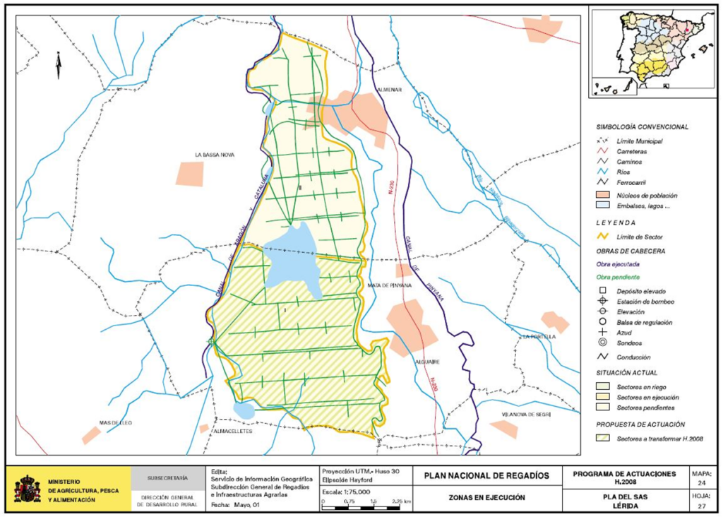 Mapa de Pla del Sas (Lérida) en que se representa su zona regable