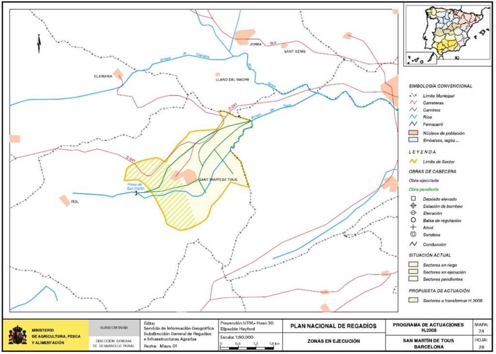 Mapa de San Martín de Tous (Barcelona) en que se representa su zona regable