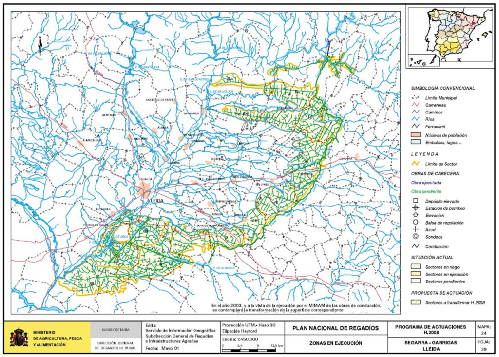 Mapa de Segarra-Garriga (Lleida) en que se representa su zona regable