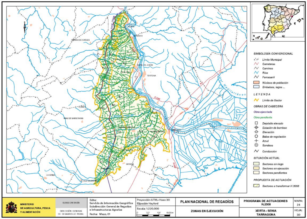 Mapa de Xerta-Senia (Tarragona) en que se representa su zona regable