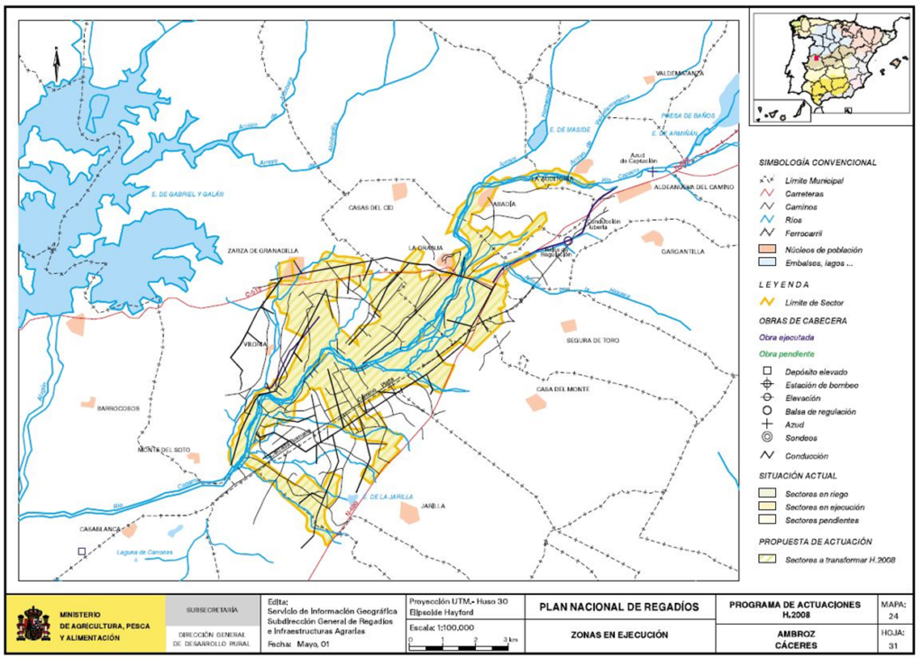 Mapa de Ambroz (Cáceres) en que se representa su zona regable
