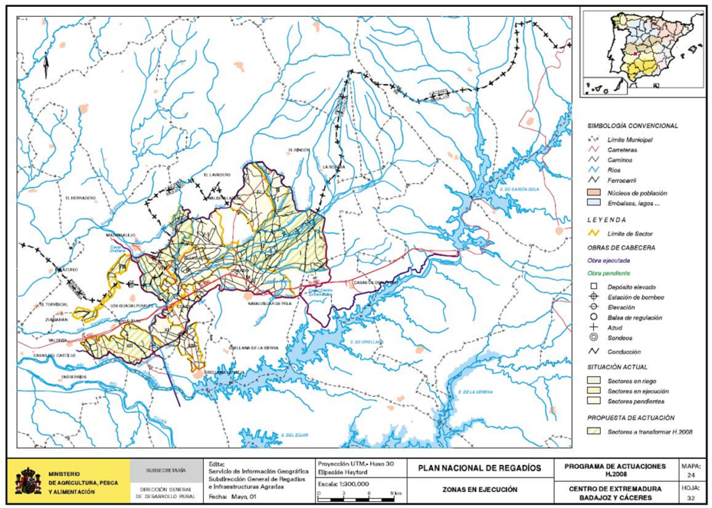 Mapa de Centro de Extremadura (Badajoz y Cáceres) en que se representa su zona regable