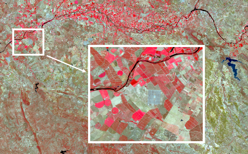 Image du nord de Badajoz où est appliquée la méthode de télédétection Sentinel-2
