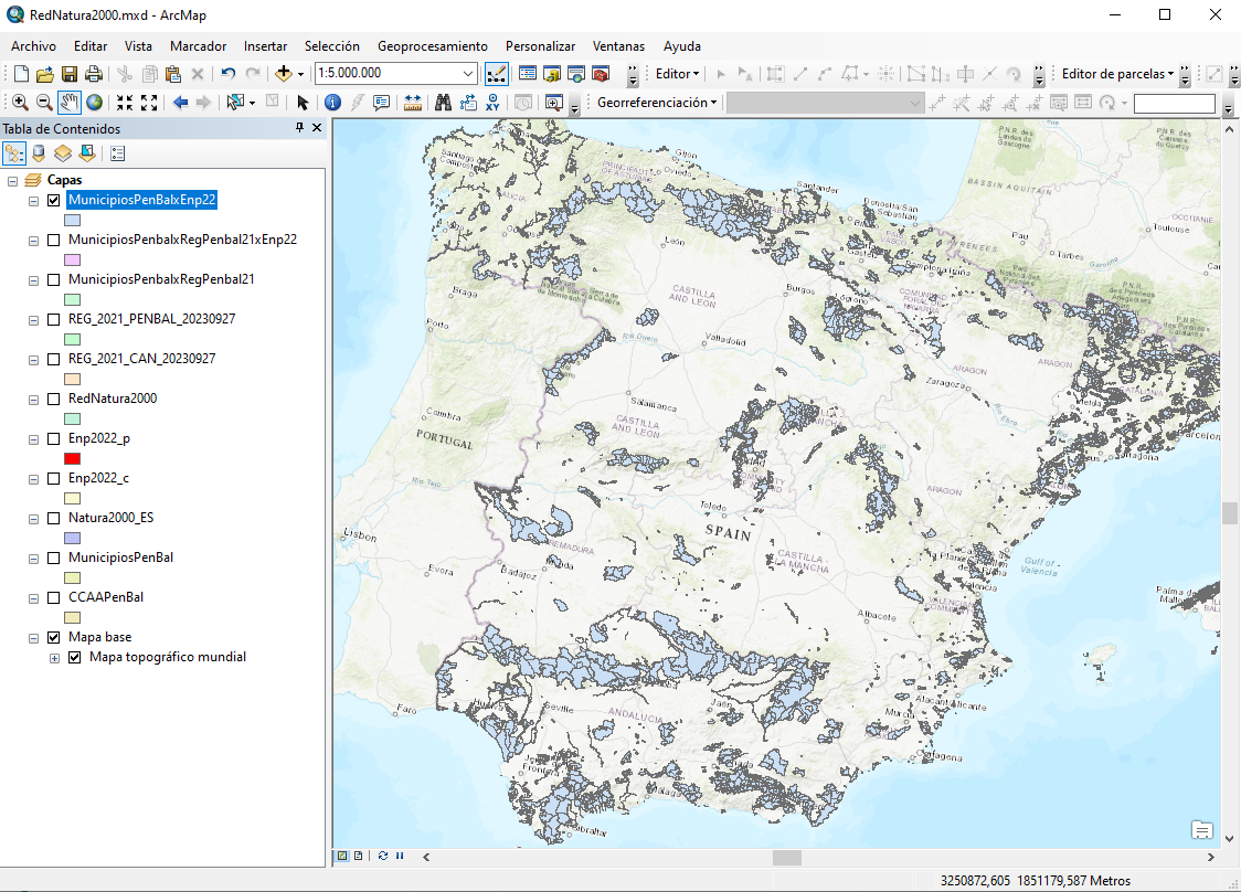 Mapa de España representado en la interfaz de ArcGIS