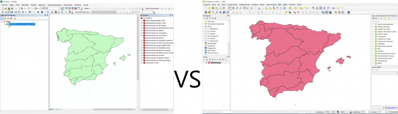 Comparaison de la carte de l'Espagne issue des interfaces ArcGIS et QGIS
