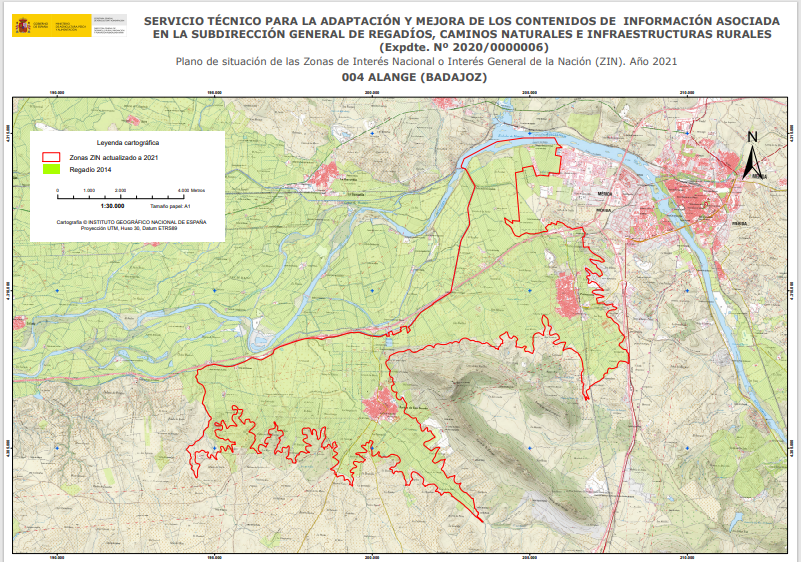 Carte de la zone d'irrigation d'Alange (Badajoz) générée par numérisation et intégration d'informations sur papier
