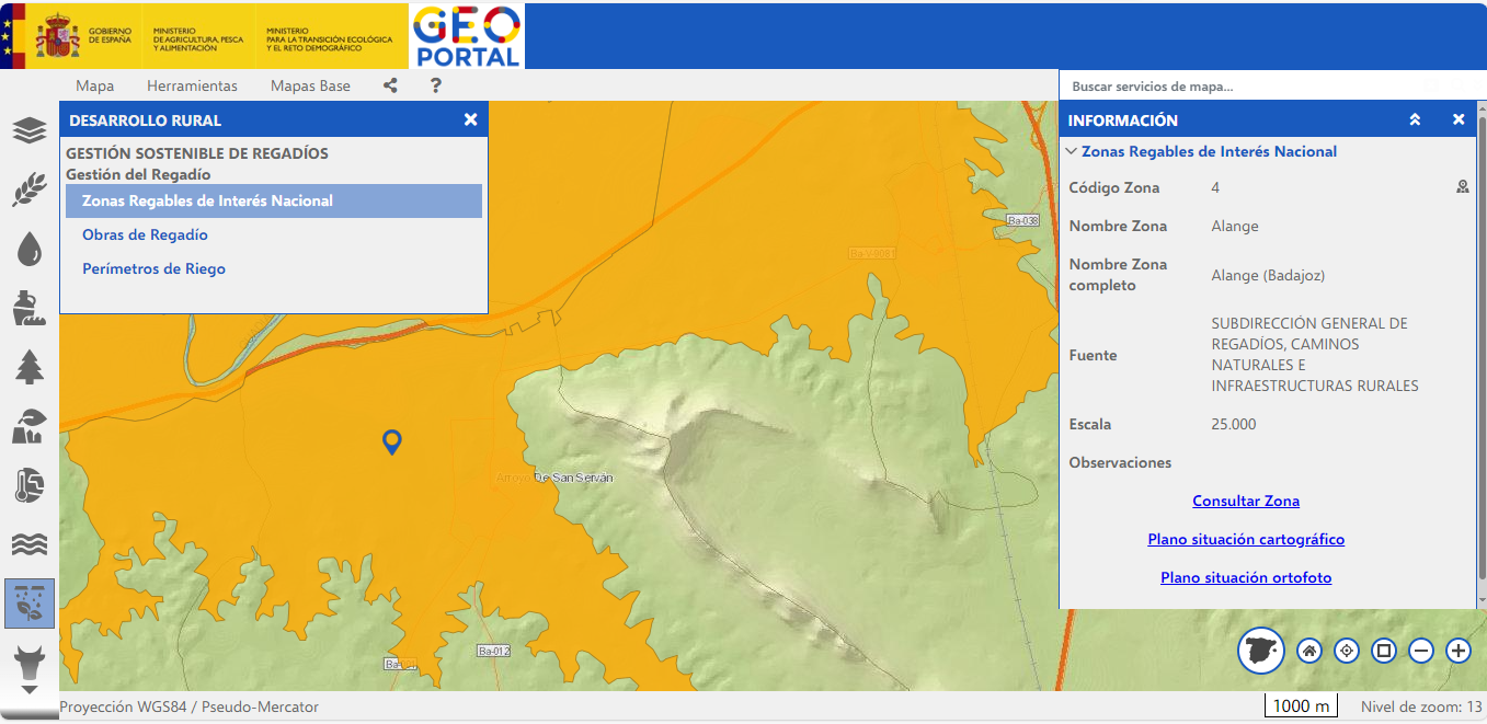 Capture d'écran de la zone irriguée d'Alange (Badajoz) telle qu'elle apparaît sur le géoportail.