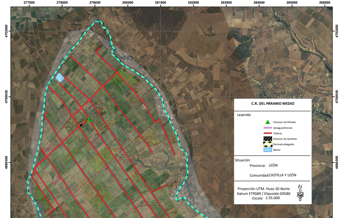 Représentation graphique de différents types d'objets spatiaux dans la communauté d'irrigation du Páramo Medio à León