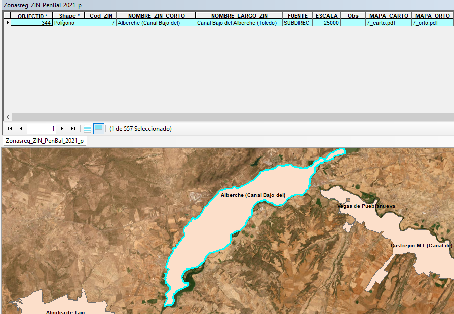 Tableau de données relatif à la zone d'irrigation du canal inférieur d'Alberche et image satellite de la zone