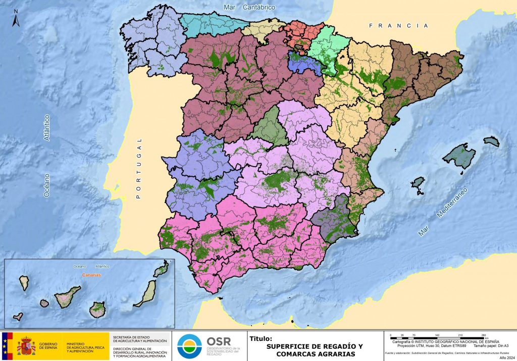 Mapa de las superficie de regadío y comarcas agrarias de España